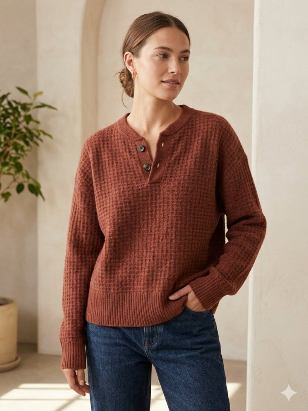 Everlane Cashmere Waffle Henley Style Sweater in Rust Brown